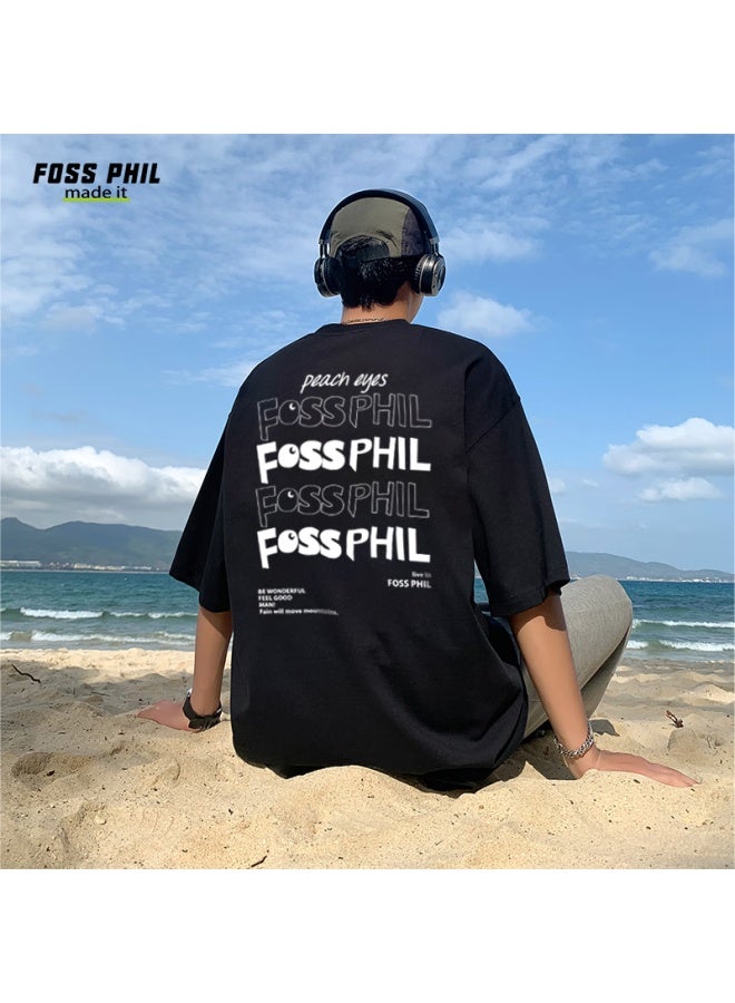 Foss Phil Short-sleeve T-shirt For Men And Women, Summer Loose Pure Cotton Casual Trendy Printed Undershirt Top F0016 Black L - Image 1