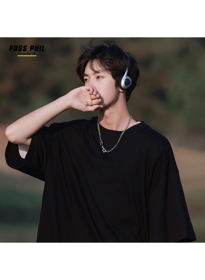 Foss Phil Short-sleeve T-shirt For Men And Women, Summer Loose Pure Cotton Casual Trendy Printed Undershirt Top F0016 Black L - Image 2