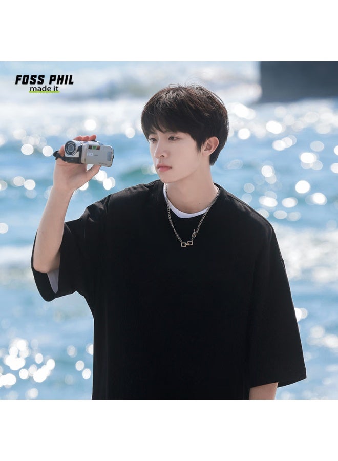 Foss Phil Short-sleeve T-shirt For Men And Women, Summer Loose Pure Cotton Casual Trendy Printed Undershirt Top F0016 Black L - Image 3