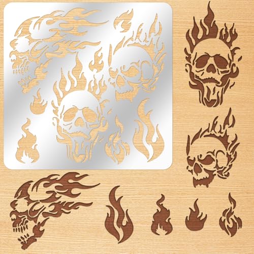 ORIGACH 6x6 inch Metal Skull Stencil - Fire Skull Wood Burning Stencils Template for Halloween Wood Carving, Drawings and Pyrography, Engraving and Scrapbooking Project - Image 1