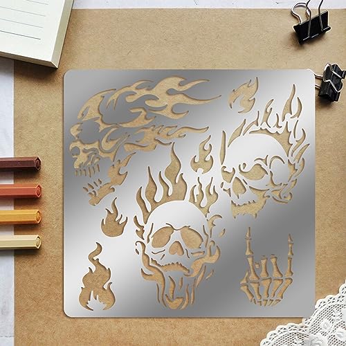 ORIGACH 6x6 inch Metal Skull Stencil - Fire Skull Wood Burning Stencils Template for Halloween Wood Carving, Drawings and Pyrography, Engraving and Scrapbooking Project - Image 5