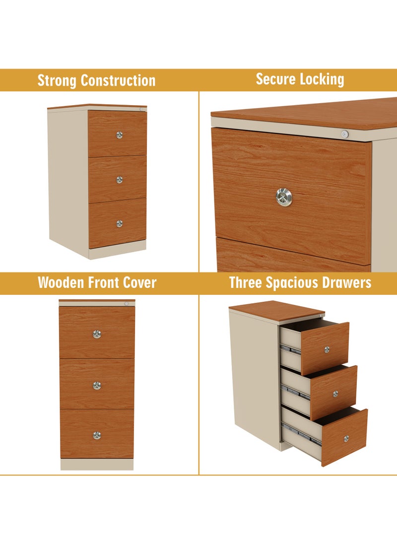 RIGID Steel Heavy Duty Filing Cabinet with 3 Drawers & Wooden Front Beige 102.5x46.5x63cm  - Image 3
