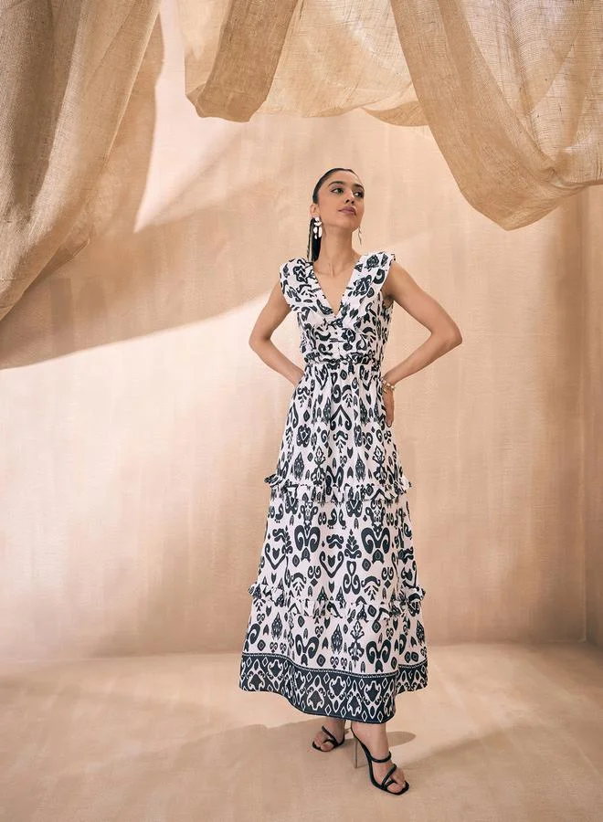 SASSAFRAS Ikat Print Ruffle Tiered Maxi Dress with Cut-Out Back by Styli
