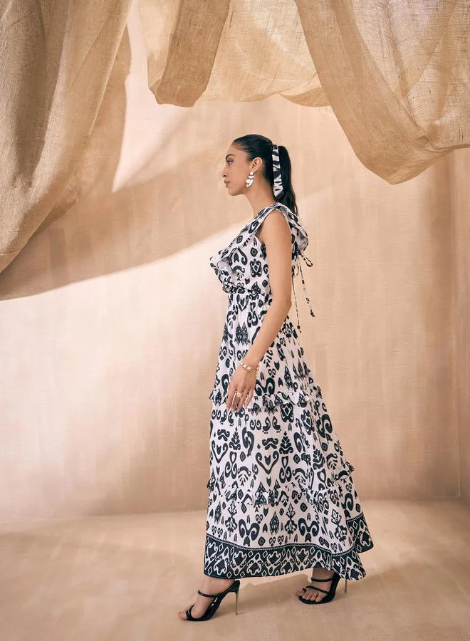 SASSAFRAS Ikat Print Ruffle Tiered Maxi Dress with Cut-Out Back by Styli