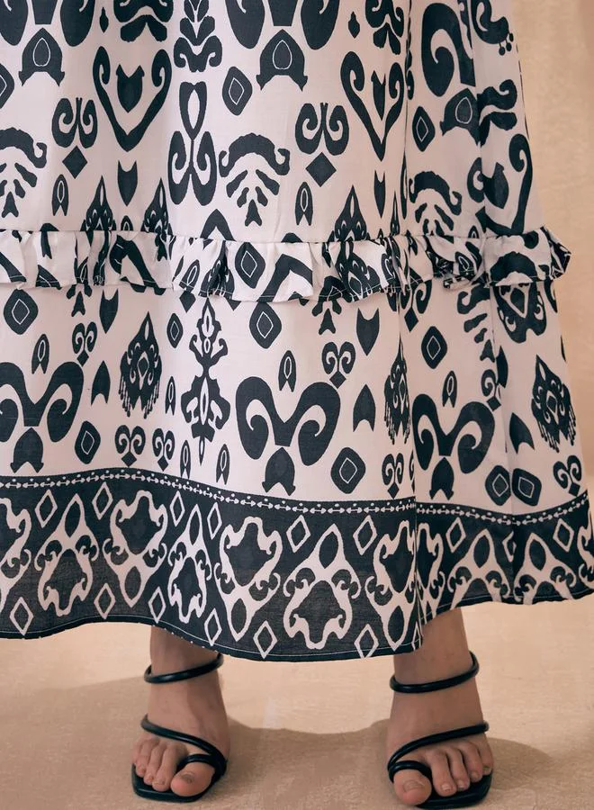 SASSAFRAS Ikat Print Ruffle Tiered Maxi Dress with Cut-Out Back by Styli