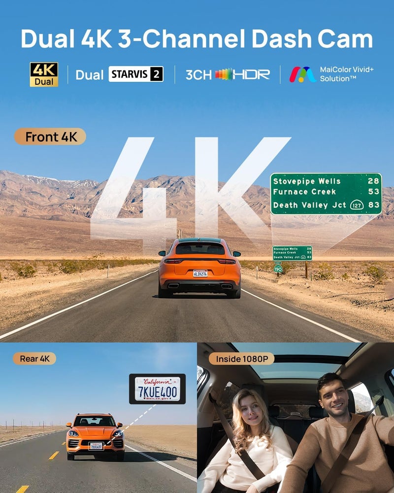 70mai 4K T800 3 Channel Dash Cam with 512GB Card, WiFi 6, 4G LTE, ADAS, and HDR Night Vision - Image 2