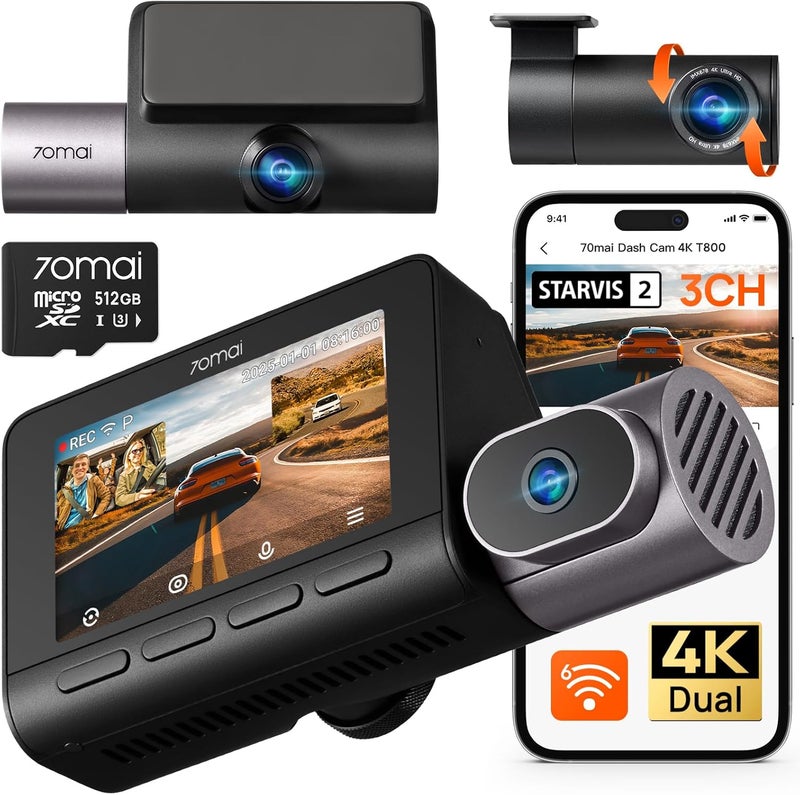 70mai 4K T800 3 Channel Dash Cam with 512GB Card, WiFi 6, 4G LTE, ADAS, and HDR Night Vision - Image 1