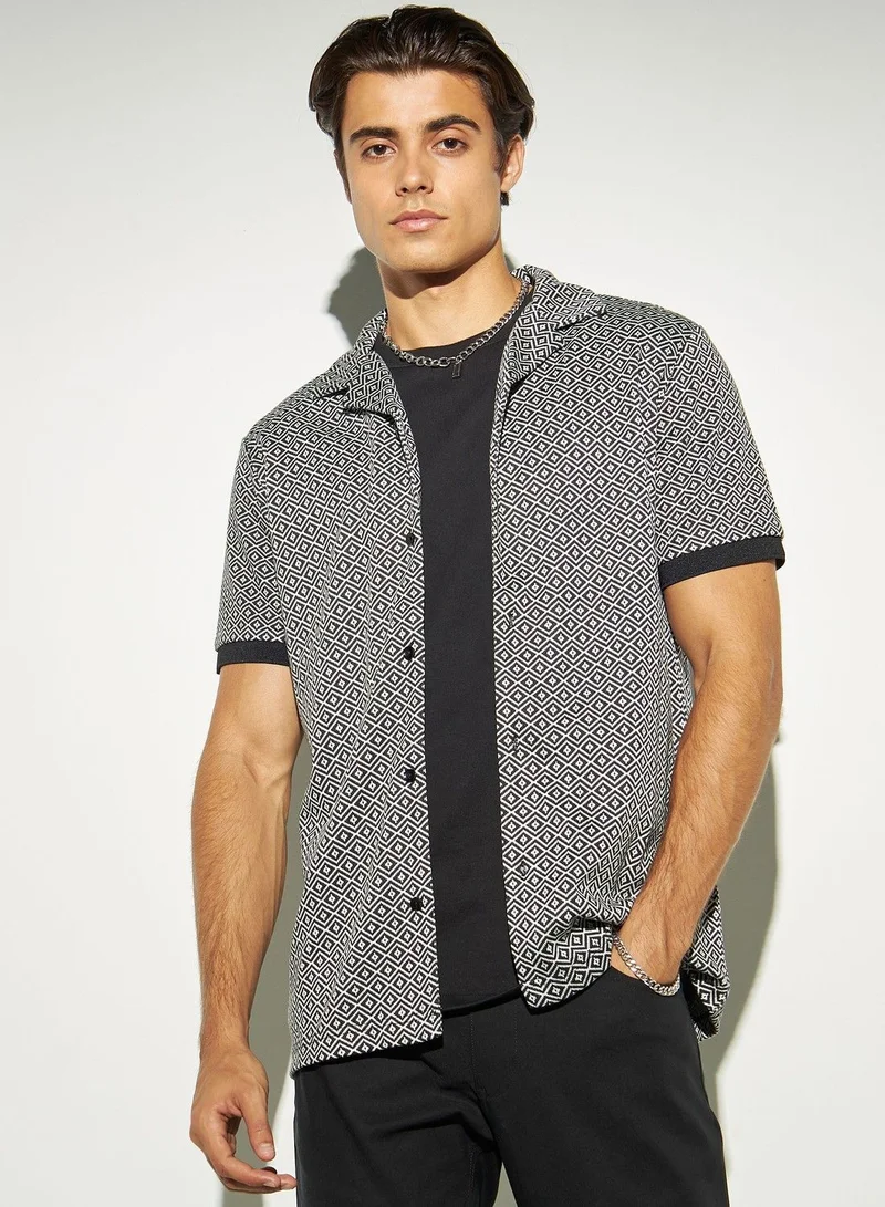 Iconic Iconic Textured Camp Collar Shirt with Short Sleeves