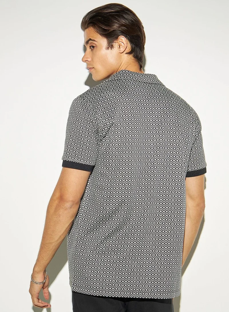 Iconic Iconic Textured Camp Collar Shirt with Short Sleeves