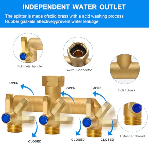 BACASIN Brass Garden Hose Splitter, 3 Way Hose Splitter, Outdoor Hose Splitter, GHT 3/4 In. Female Inlet And 3 Way 3/4 In, (Increase Flow Style) - Image 5