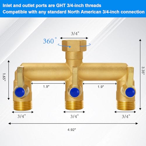 BACASIN Brass Garden Hose Splitter, 3 Way Hose Splitter, Outdoor Hose Splitter, GHT 3/4 In. Female Inlet And 3 Way 3/4 In, (Increase Flow Style) - Image 4