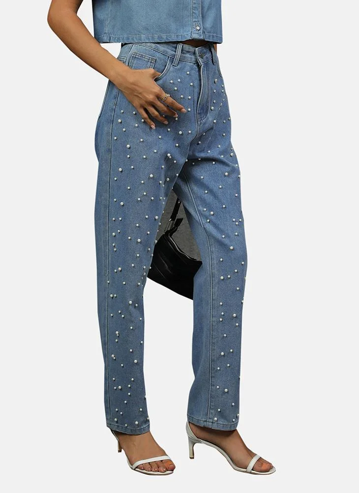 يونيكي Blue Classic Fit Mid Rise Embellished Jeans