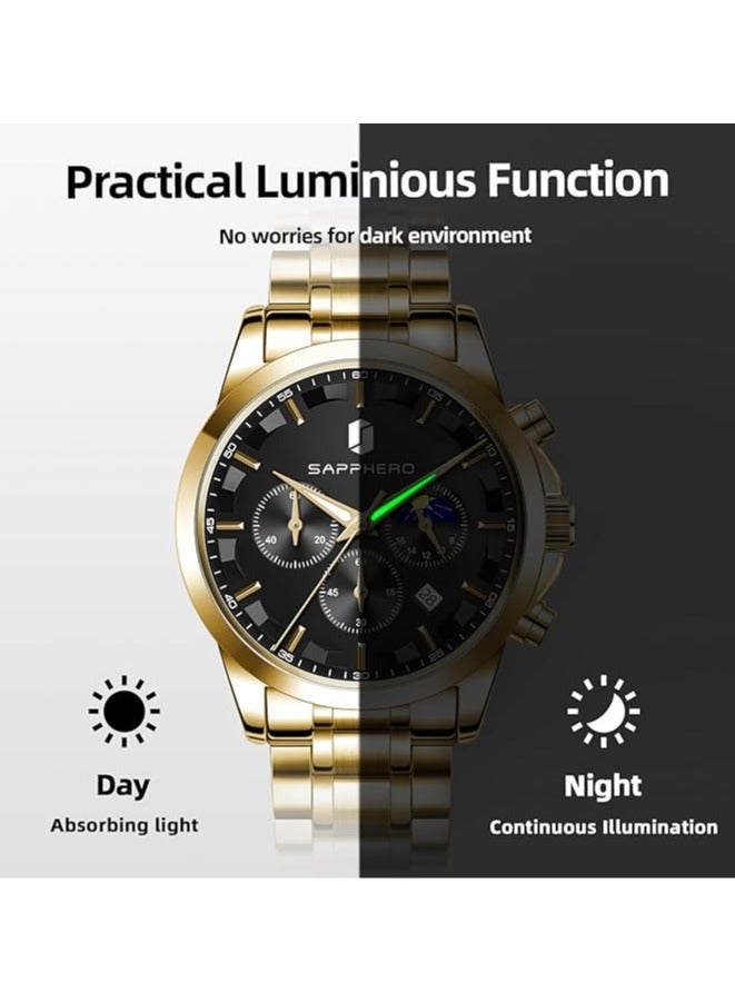 Sapphero Mens Watches Multifunction Chronograph Date Quartz Watch for Men Stainless Steel Band Wrist Watch Gift for Men Casual Business - Image 4