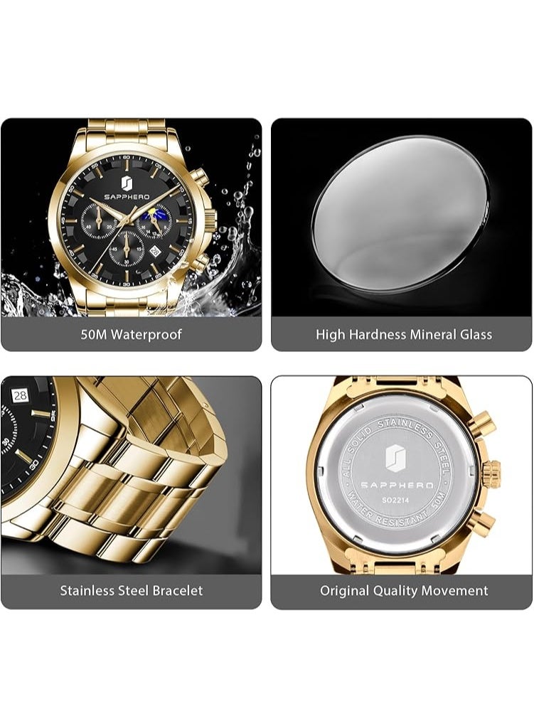 Sapphero Mens Watches Multifunction Chronograph Date Quartz Watch for Men Stainless Steel Band Wrist Watch Gift for Men Casual Business - Image 5