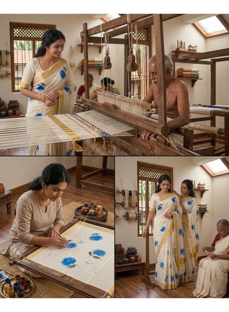 Aashvi Kuthampully Kerala Kasavu Cotton Set Saree With Golden Border And Blue Floral Print - Image 1