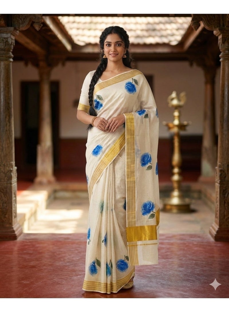 Aashvi Kuthampully Kerala Kasavu Cotton Set Saree With Golden Border And Blue Floral Print - Image 2