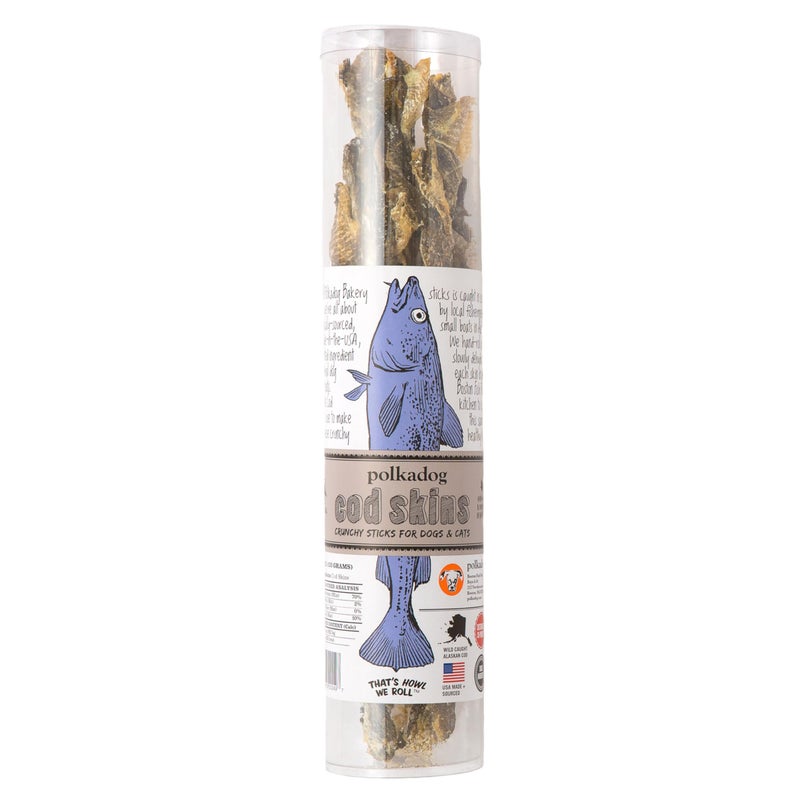 Polkadog Cod Skins Dog Treat - Lean Protein, Made in USA, Single-Ingredient, Grain & Gluten Free, for All Breeds - Crunchy Fish Skin Treat for Teeth Health, 4.7oz Regular - Image 1
