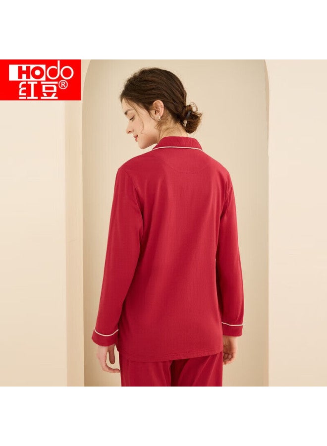 Hongdou Women's Pure Cotton Long Sleeve Pajama Set Home Wear Solid Color Lapel Cardigan Couple Pajamas - Image 4