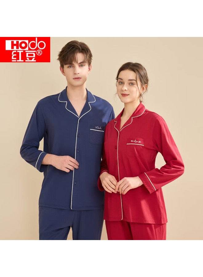 Hongdou Women's Pure Cotton Long Sleeve Pajama Set Home Wear Solid Color Lapel Cardigan Couple Pajamas - Image 1
