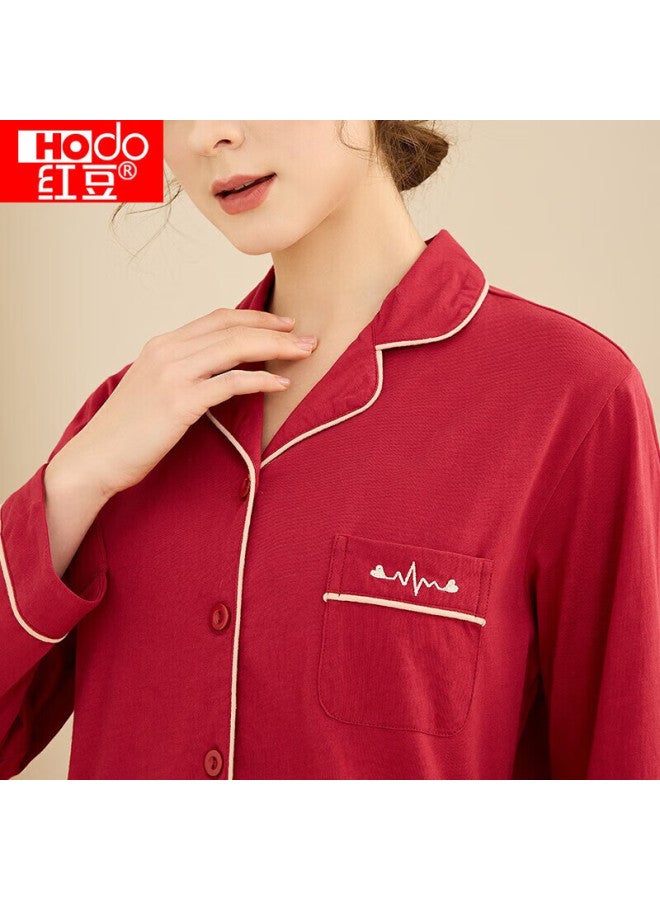 Hongdou Women's Pure Cotton Long Sleeve Pajama Set Home Wear Solid Color Lapel Cardigan Couple Pajamas - Image 2