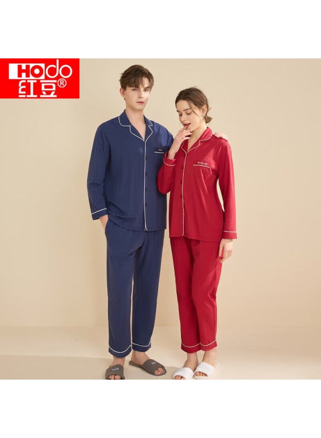 Hongdou Women's Pure Cotton Long Sleeve Pajama Set Home Wear Solid Color Lapel Cardigan Couple Pajamas - Image 5