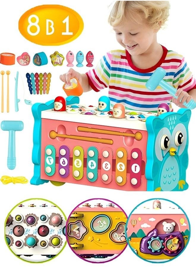 Hammering Toys Hammering Pounding Toys 8-In-1 Pounding Toys For Toddlers Hammering Montessori Toys Activity Cube Baby Toys Pull Along Bus Whack-A-Mole Fishing, Xylophone & More, Shape Sorting, Interactive & Educational Play Educational Toy For Boys And Girls  - Image 1