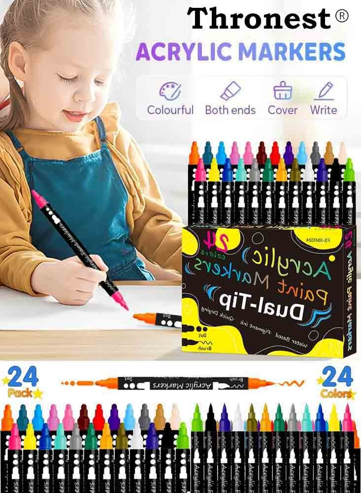 عرش 24 لونًا من طلاء أكريليك ， أقلام طلاء أكريليك ثنائية الطرف للأطفال ， مستلزمات فنية غير سامة بألوان نابضة بالحياة ， لمشاريع الأطفال الإبداعية في المنزل والمدرسة - Image 2