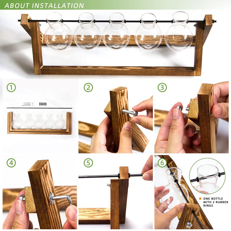 CFMOUR Plant Terrarium with Wooden Stand, Desktop Propagation Stations Glass Air Planter Metal Swivel Holder for Indoor Live Hydroponics Plants Office Home Garden Decor (5 Bulb Vase) - Image 5