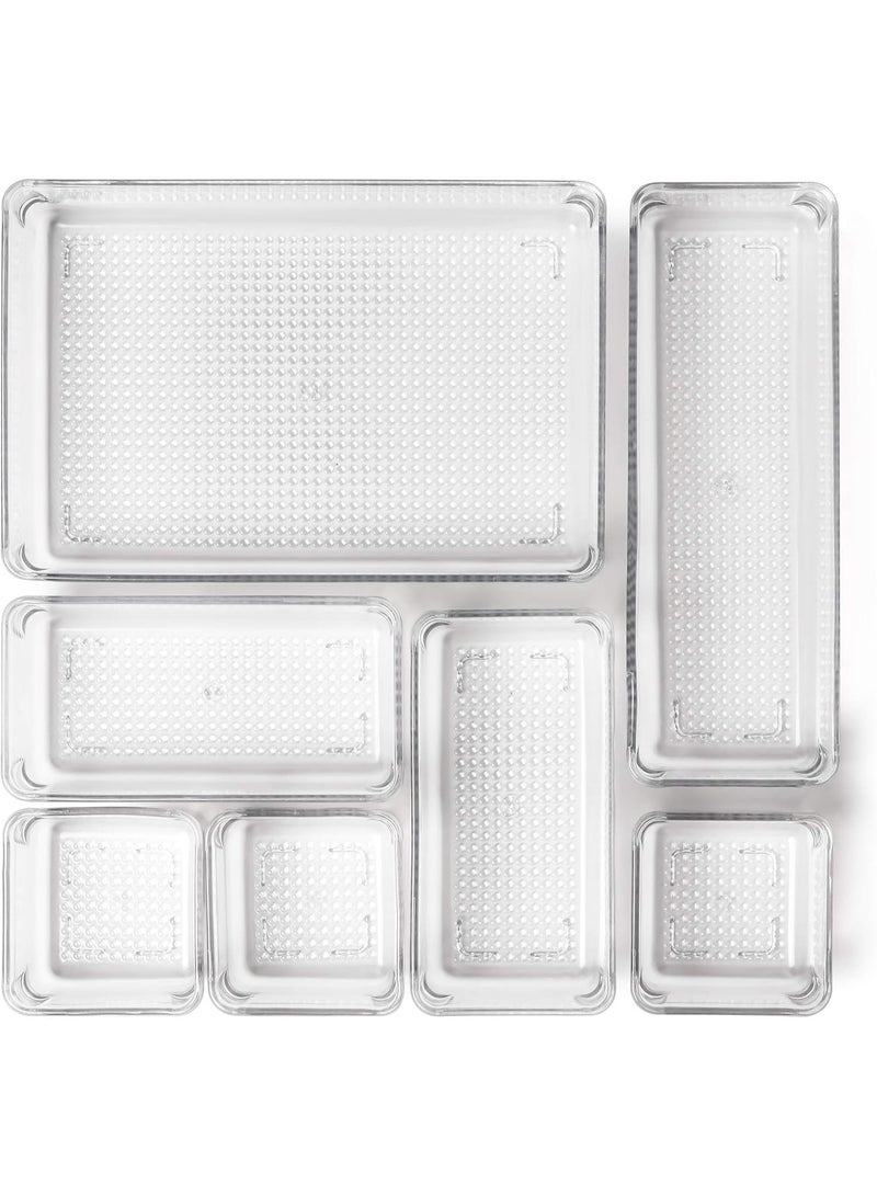 7-Piece Clear Plastic Drawer Organizer Set, Seven Multi-Sizes Bathroom and Vanity Drawers, Storage Boxes for Makeup, Jewelry, Kitchen and Office Supplies - Image 1