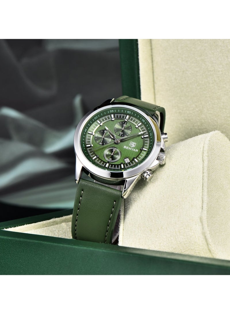 BENYAR Watches for Men Luxury Quartz Water Resistant Watch Men's Chronograph Genuine Leather Strap 5210 Green - Image 5
