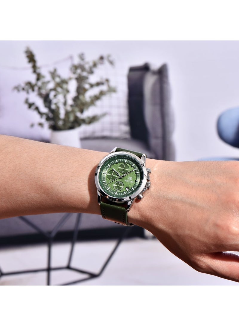 BENYAR Watches for Men Luxury Quartz Water Resistant Watch Men's Chronograph Genuine Leather Strap 5210 Green - Image 3