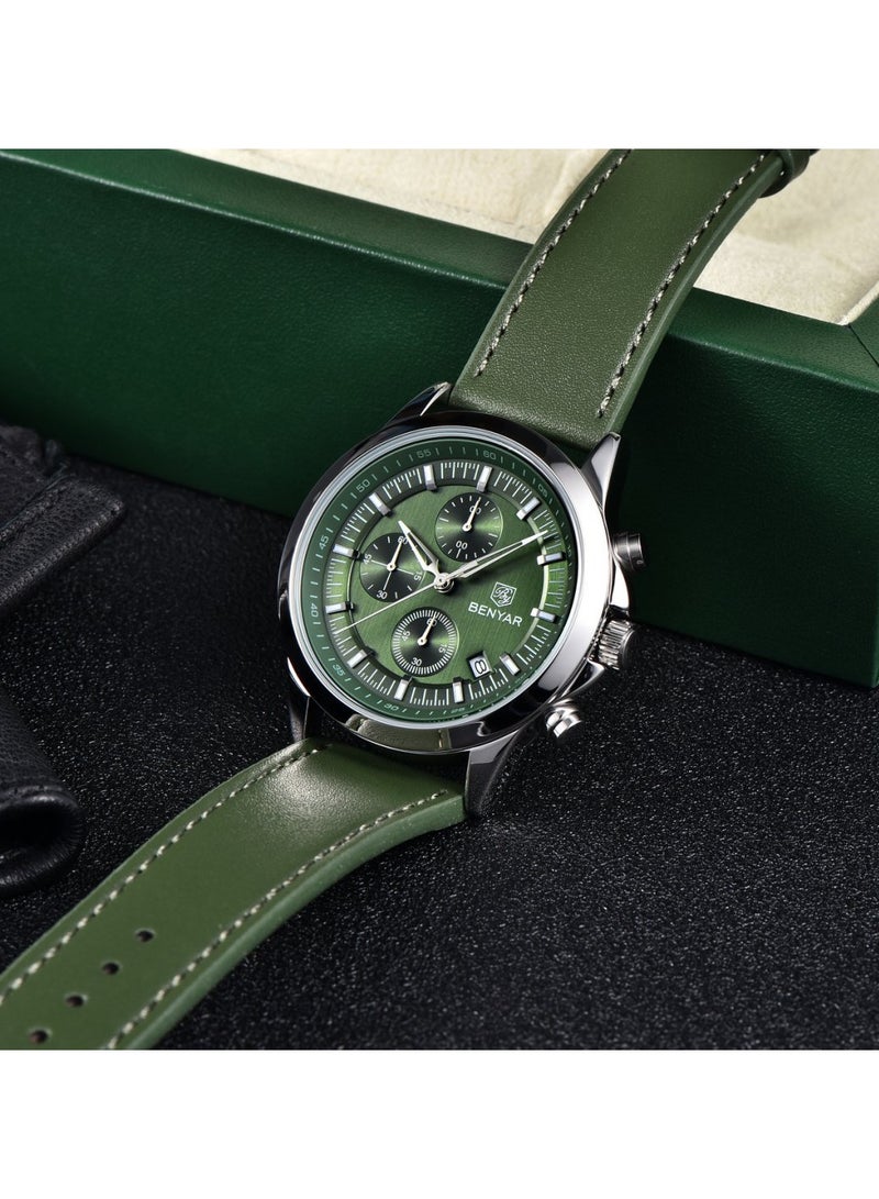 BENYAR Watches for Men Luxury Quartz Water Resistant Watch Men's Chronograph Genuine Leather Strap 5210 Green - Image 4
