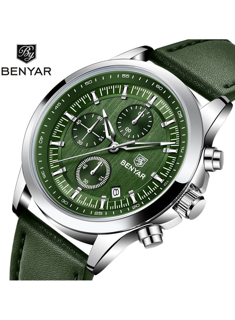 BENYAR Watches for Men Luxury Quartz Water Resistant Watch Men's Chronograph Genuine Leather Strap 5210 Green - Image 2