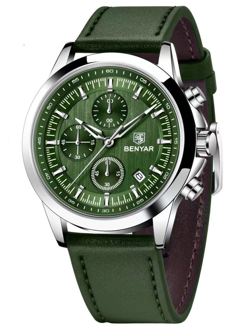 BENYAR Watches for Men Luxury Quartz Water Resistant Watch Men's Chronograph Genuine Leather Strap 5210 Green - Image 1