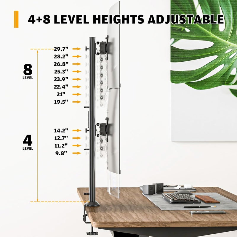 Hemudu Dual Monitor Articulating Desk Mount Arm Stand - Vertical Stack Screen Supports Two 13 to 32 Inch Computer Monitors with C Clamp - Image 4