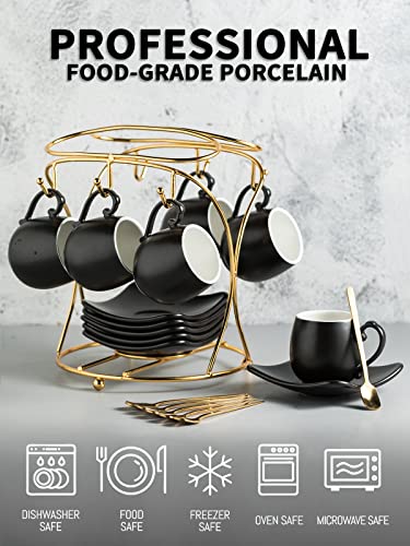 LYEOBOH Espresso Cups with Saucers Set, 3 Ounces Porcelain Coffee Cups with Metal Stand and Spoons, Cappuccino Cups Cute Demitasse Cups for Coffee Drinks, Latte, Tea Set of 6, Black - Image 2
