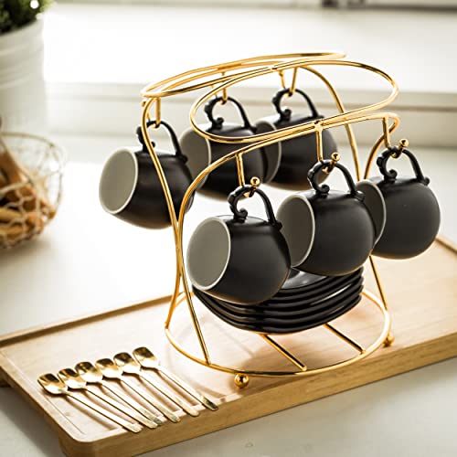 LYEOBOH Espresso Cups with Saucers Set, 3 Ounces Porcelain Coffee Cups with Metal Stand and Spoons, Cappuccino Cups Cute Demitasse Cups for Coffee Drinks, Latte, Tea Set of 6, Black - Image 5