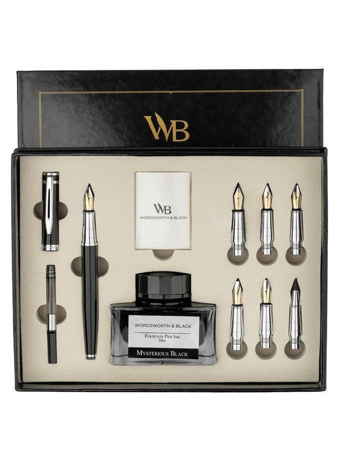 Wordsworth & Black Wordsworth & Black Calligraphy Pen Gift Set, Includes Ink Bottle, 6 Ink Cartridges, Ink Refill Converter, 6 Replacement Nibs, Premium Package, Journaling, Smooth Writing Pens [Black Chrome] - Image 1