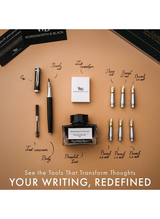 Wordsworth & Black Wordsworth & Black Calligraphy Pen Gift Set, Includes Ink Bottle, 6 Ink Cartridges, Ink Refill Converter, 6 Replacement Nibs, Premium Package, Journaling, Smooth Writing Pens [Black Chrome] - Image 4