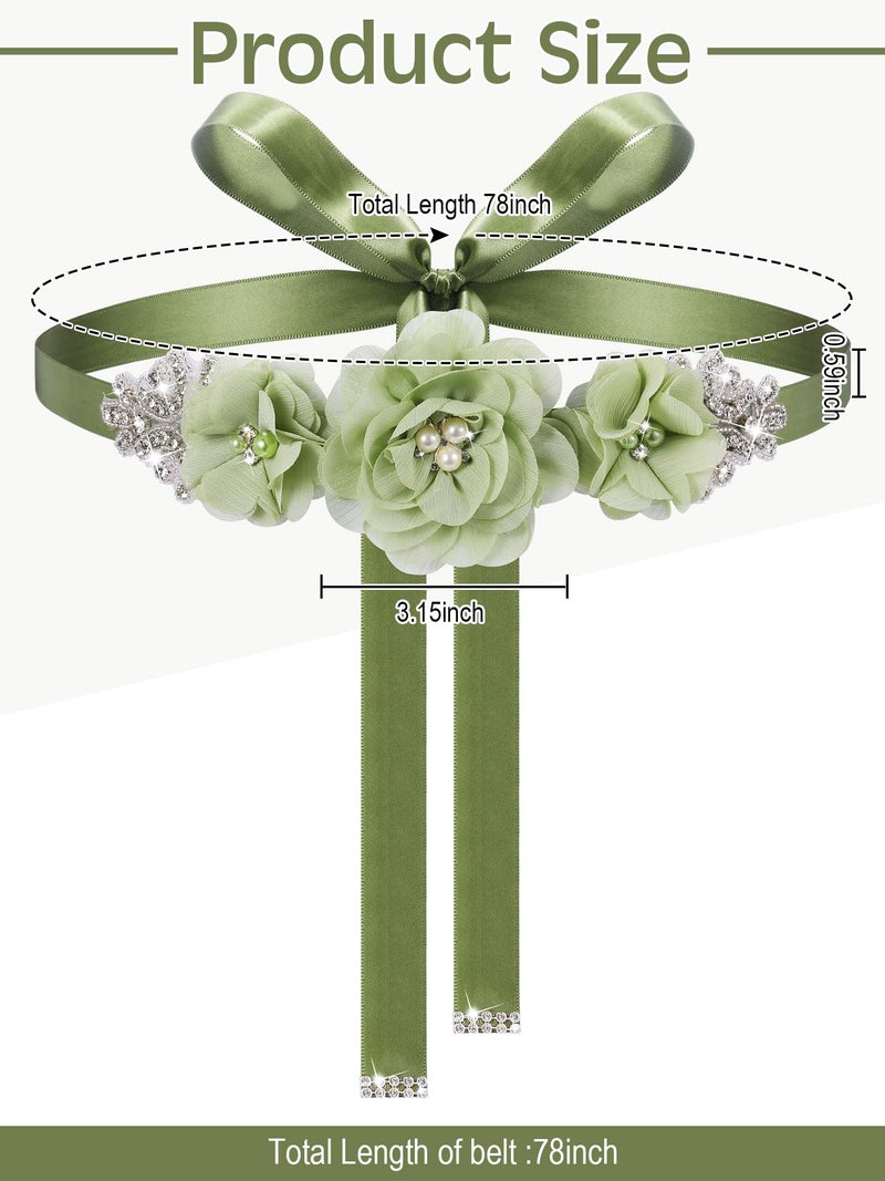 Glitopper Wedding Bridal Belt Sash with Flower Rhinestone Pearl for Bride Bridesmaid Maternity Flower Dress(Olive Green) - Image 2