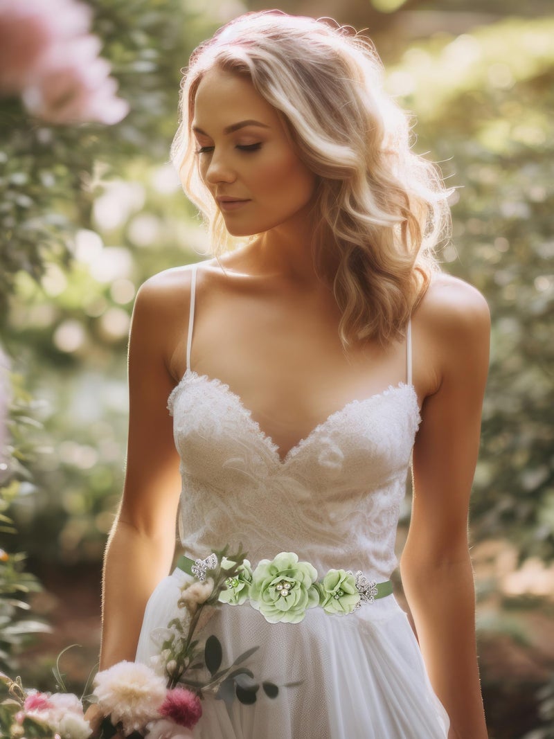 Glitopper Wedding Bridal Belt Sash with Flower Rhinestone Pearl for Bride Bridesmaid Maternity Flower Dress(Olive Green) - Image 3