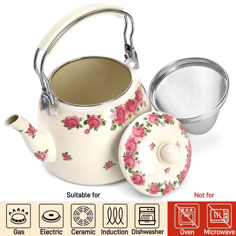 SOUJOY 3.5 Quart Enamel Tea Kettle for Stovetop, Vintage Floral Teapot with Stainlees Steel Infuser and Heat-Resistant Handle for Home Kitchen Camping, Perfect Housewarming Wedding Gift - Image 3