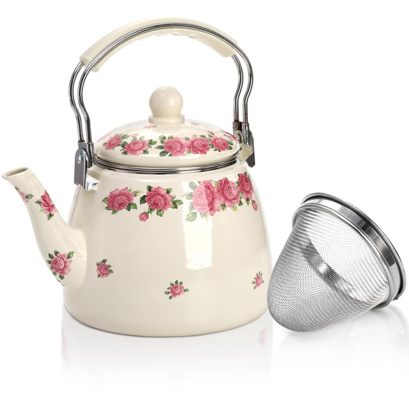 SOUJOY 3.5 Quart Enamel Tea Kettle for Stovetop, Vintage Floral Teapot with Stainlees Steel Infuser and Heat-Resistant Handle for Home Kitchen Camping, Perfect Housewarming Wedding Gift - Image 1
