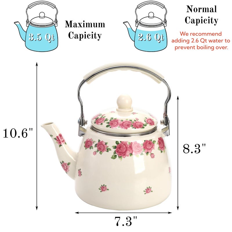 SOUJOY 3.5 Quart Enamel Tea Kettle for Stovetop, Vintage Floral Teapot with Stainlees Steel Infuser and Heat-Resistant Handle for Home Kitchen Camping, Perfect Housewarming Wedding Gift - Image 2
