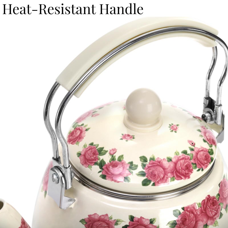 SOUJOY 3.5 Quart Enamel Tea Kettle for Stovetop, Vintage Floral Teapot with Stainlees Steel Infuser and Heat-Resistant Handle for Home Kitchen Camping, Perfect Housewarming Wedding Gift - Image 4