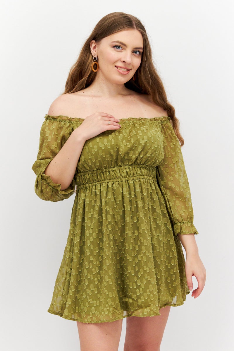 Endless Blu Women Textured Mini Dress, Olive - Image 1