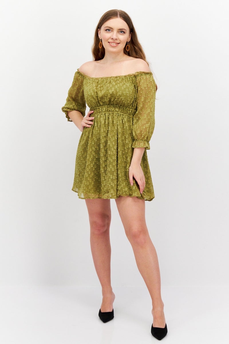 Endless Blu Women Textured Mini Dress, Olive - Image 3