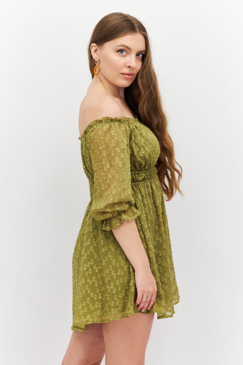 Endless Blu Women Textured Mini Dress, Olive - Image 4