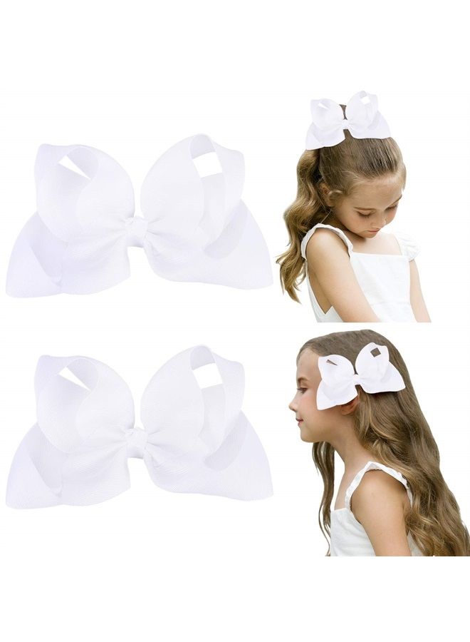 DEEKA 2 PCS 6" Big Hand-made Grosgrain Ribbon Solid Color Hair Bows Alligator Clips Hair Accessories for Little Teen Toddler Girls Kids Set of 2 -White - Image 1