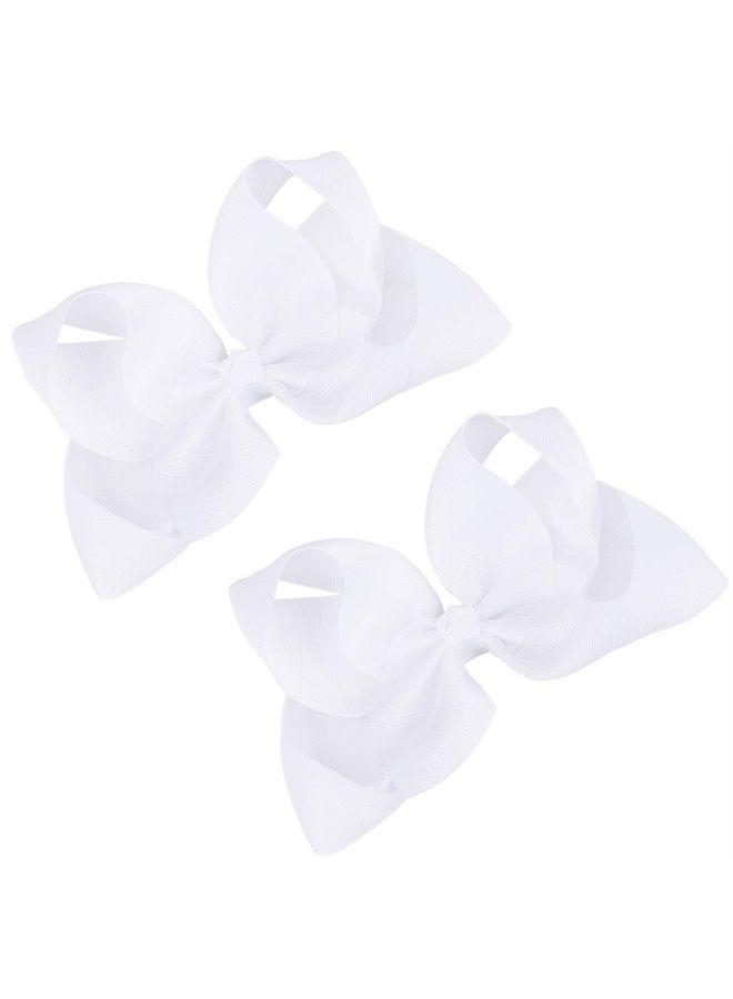 DEEKA 2 PCS 6" Big Hand-made Grosgrain Ribbon Solid Color Hair Bows Alligator Clips Hair Accessories for Little Teen Toddler Girls Kids Set of 2 -White - Image 2